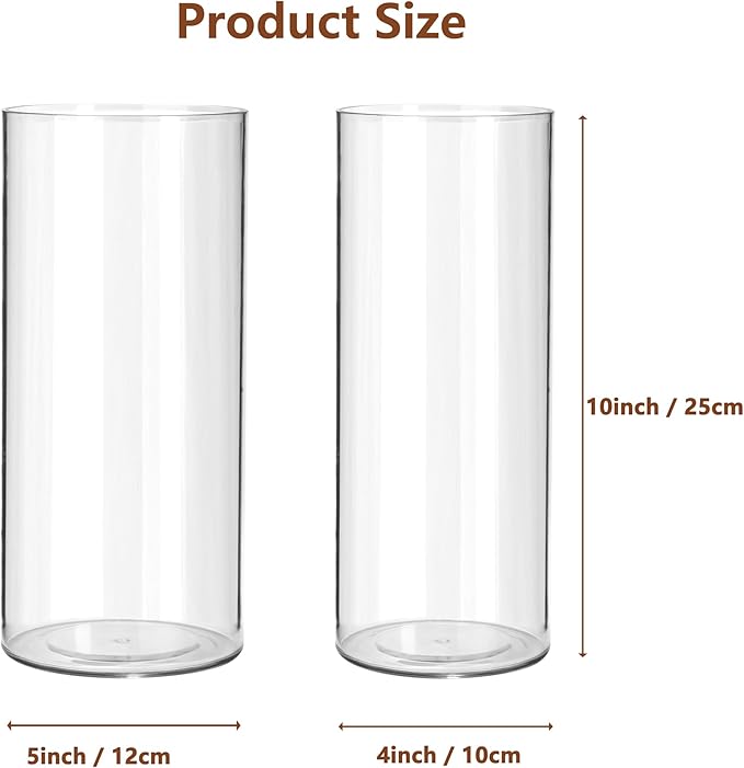 2 Pack Acrylic Cylinder Vases, Non-breakable Vase for Centerpieces, 10 inch Tall Clear Flower Vase Bulk Floating Candle Holder for Wedding Table Home Decor and Party