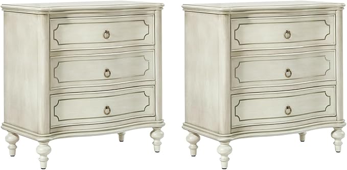 HULALA HOME Traditional Side Tables with 3 Drawers, Tall Side Table with Curved Front Profle Desgin, Charging Station, Solid Wood Legs, Set of 2, White
