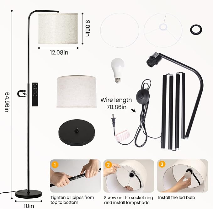 Floor Lamp for Living Room and Bedroom - Modern Standing Lamps Tall with Dimmable LED Bulb and Remote Control - Black Stand Arc Light With Shade for Reading Home Decor Corner and office（Black）