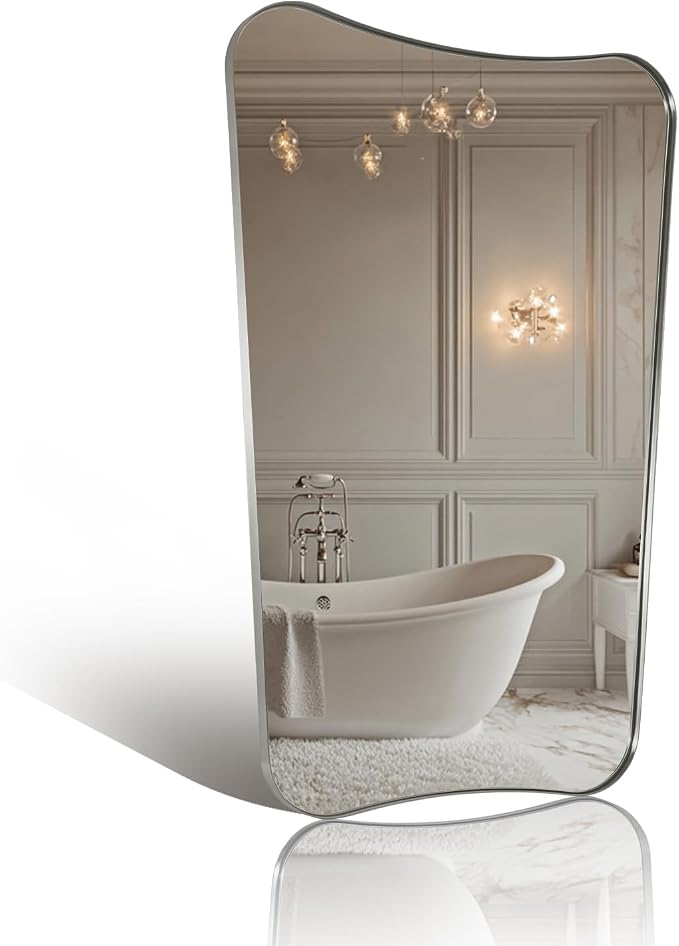 ANDY STAR Scalloped Bathroom Mirror, 24x40’’ Brushed Nickel Frame Mirror, Silver Bathroom Vanity Mirror, Modern Scalloped Edge Design in Rust-Proof Stainless Steel 1” Frame