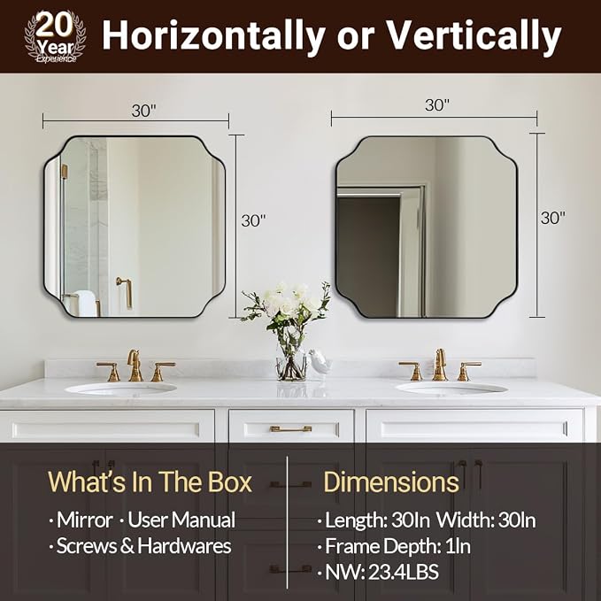 ANDY STAR 30x30 Inch Square Mirror, Matte Black Vanity Mirror, Modern Scalloped Bathroom Mirror in Premium Stainless Steel Metal Thin Frame, Unique Rounded Notched Corners