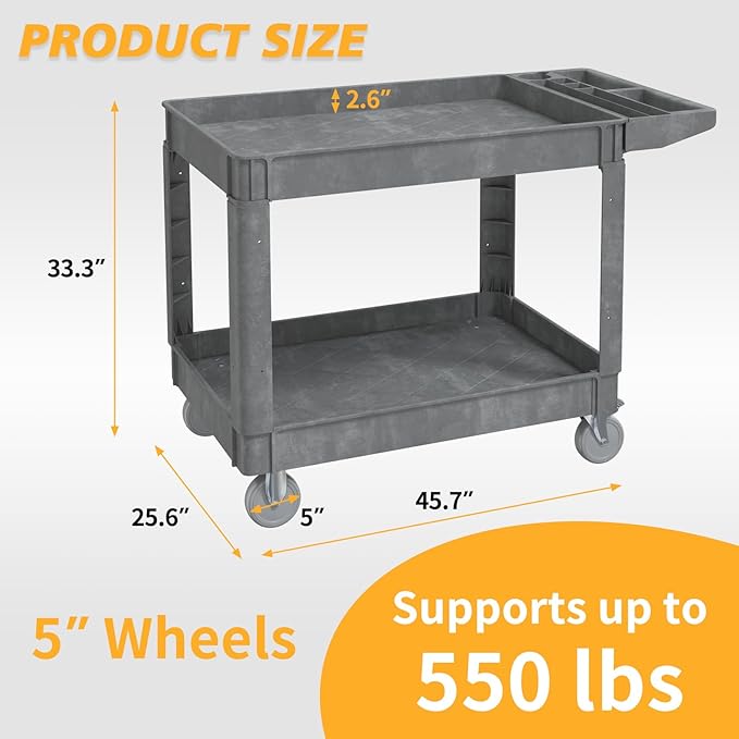 Utility Cart on Wheels, 2 Shelf Heavy Duty Plastic Rolling Cart, 550LBS Capacity Service Carts for Warehouse, Garage, School, Kitchens, Office(Gray, 45.7)