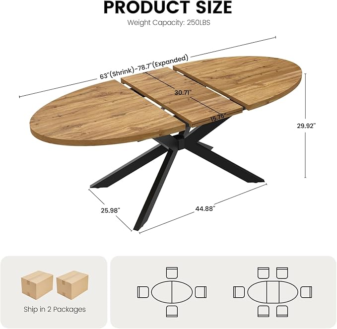 63"-78.7" Extendable Round Dining Table for 4-6 People, Mid Century Modern Oval Kitchen & Dining Room Table with Metal Frame, Large Folding Dining Table for Dining Living Room Space Saving, Walnut