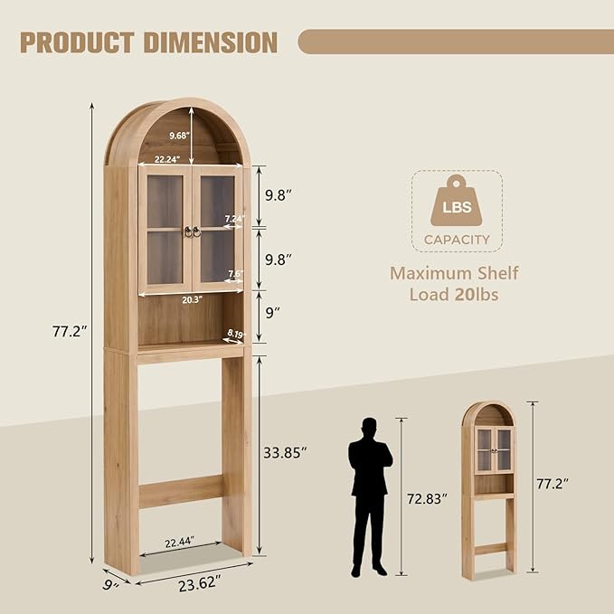 IFGET Arched Over The Toilet Storage Cabinet with Acrylic Doors, Modern Over Toilet Bathroom Organizer Shelf, Small Wooden Bathroom Storage Cabinet with Adjustable Shelf,Space Saver, Natural Oak