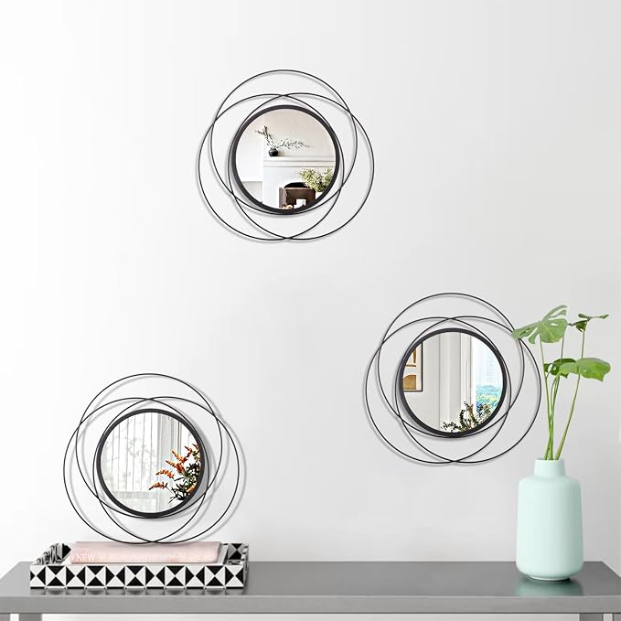 Black 3 Pcs Decorative Wall Mirror Circle Modern Mirror Round Art Ring Metal Mirrors Wall Decor Wall Mounted Mirror for Living Room Bedroom Dining Room Hallway Entryway 12"