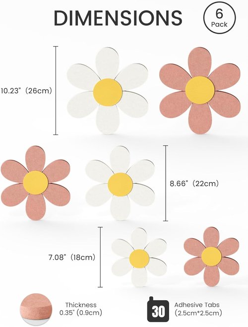 Fluxynara Daisy Felt Flower Wall Decor - 6 PCS Acoustic Art for Nursery & Kids' Rooms | Pink/White