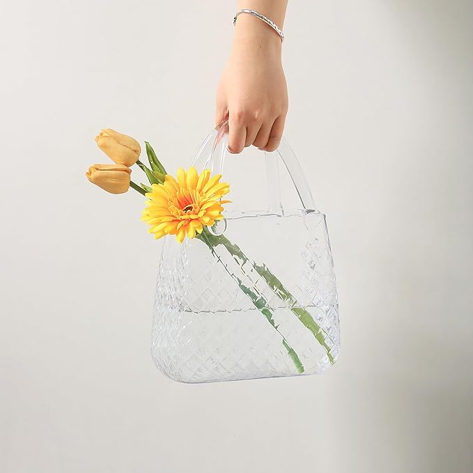 Purse Vase, Glass Bag Vase, Glass Purse Vase for Flowers, Clear Vases, 12 Inch Large Flower Vase with Embossed Pattern for Wedding, Living Room, Bedroom, Table, Office(Round)