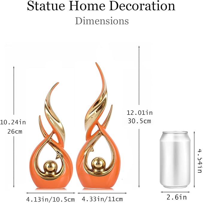 2 PCS Orange Gold Ceramic Statues For Home Decor Accents, Modern Abstract Art Sculptures, Elegant Tabletop Decorative Objects For Dining Room, Entryway, Tv Stand, Mantel, Coffee Table Centerpieces