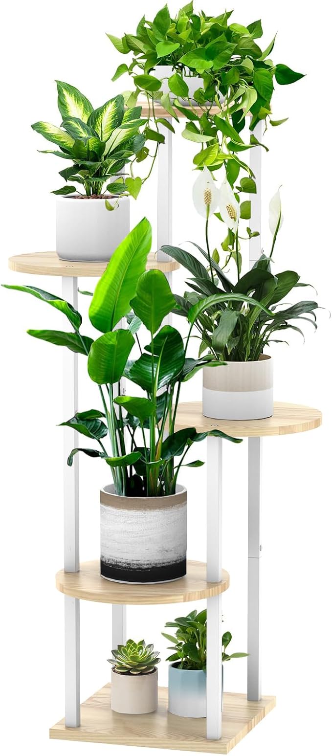 5 Tier Wood Tall Plant Stand Metal Rack Indoor, Multiple Flower Pot Holder Shelves Corner Rack, Round Planter Shelf Display Rack Storage Organizer for Patio Living Room Balcony(White+Oak)