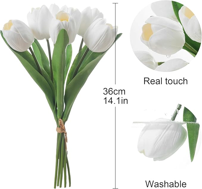 White Artificial Tulips, 2 Bundles 14Pcs, Fake Tulips Artificial Flowers, 2 x 2.4 Inch Large Flower Head Big Tulip, Easter Valentine's Day Mother's Day Home Decoration Flowers