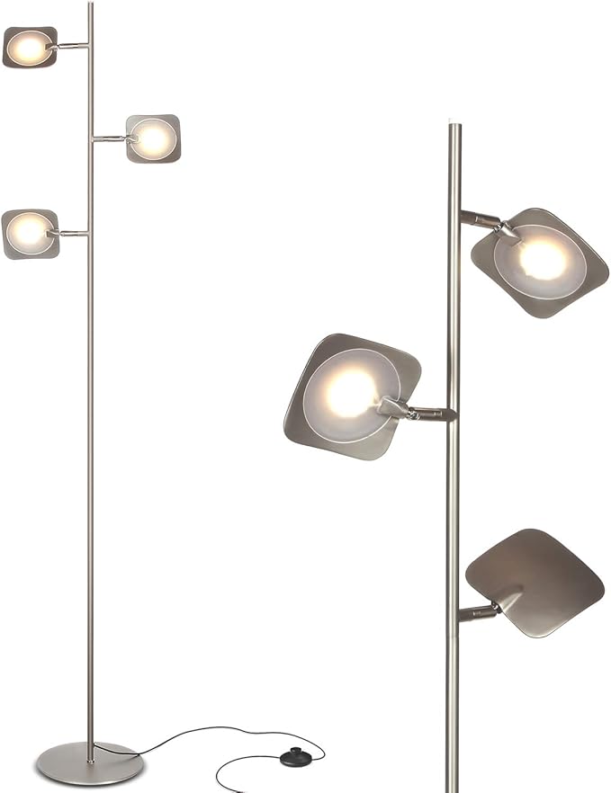Brightech Tree Floor Lamp for Living Rooms & Offices, Dimmable Standing Lamp for Bedroom Reading, LED Spotlight Floor Lamp, Tall Lamp with Adjustable Panels for Minimal Space Use - Satin Nickel