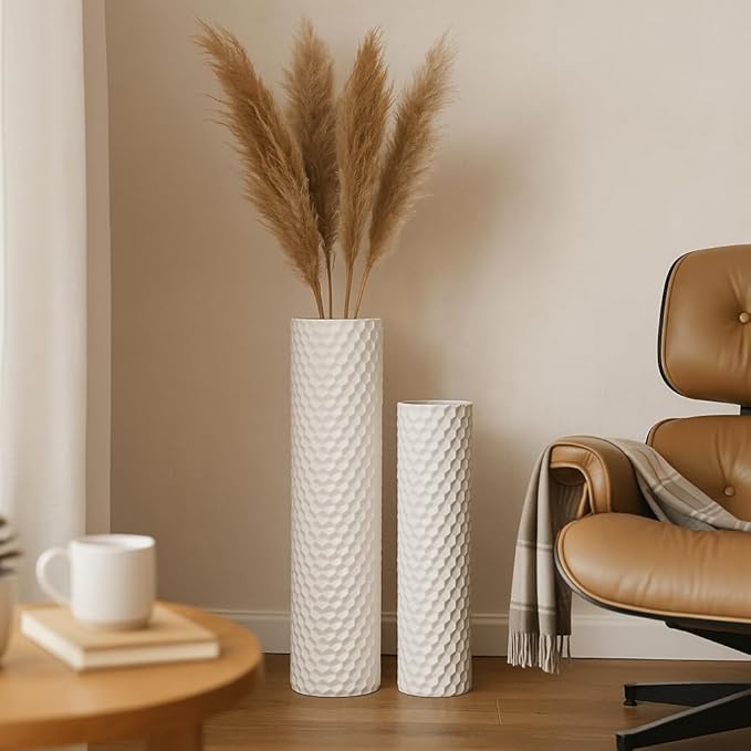 Leewadee White Tall Floor Vase, Set of 2 Decorative 24/19″ Large White Vases from Metal for Home Decor Living Room, Style with Pampas Grass for Modern, Vintage, Rustic or Farmhouse Room Decor