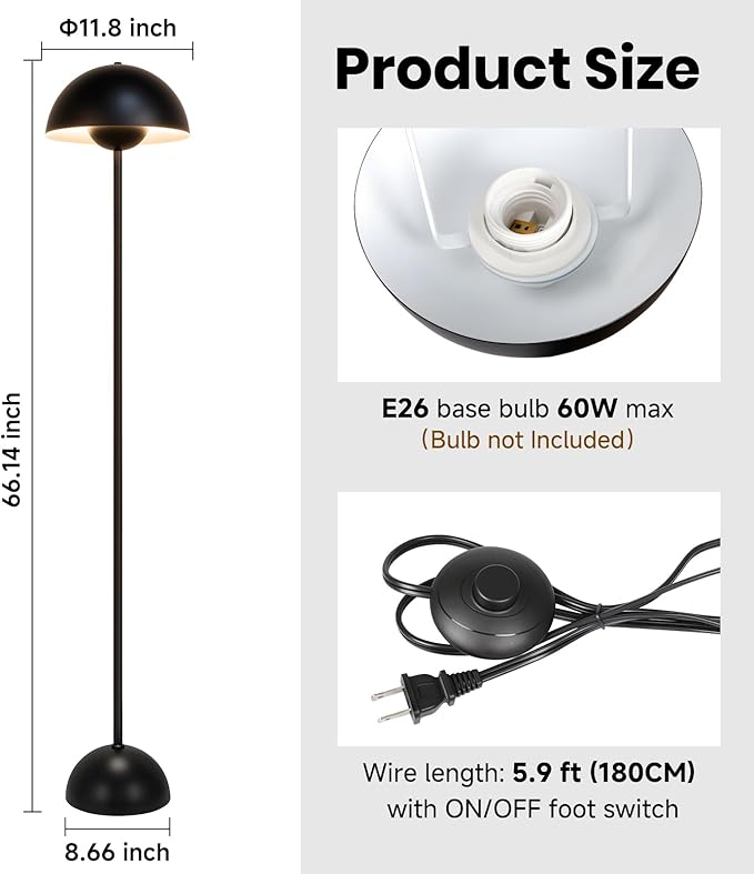 Coucrek 66'' Black Floor Lamp for Living Room, Industrial Standing Lamp with Unique Reflecting Shade, Modern Tall Floor Lamp for Bedroom Office Corner
