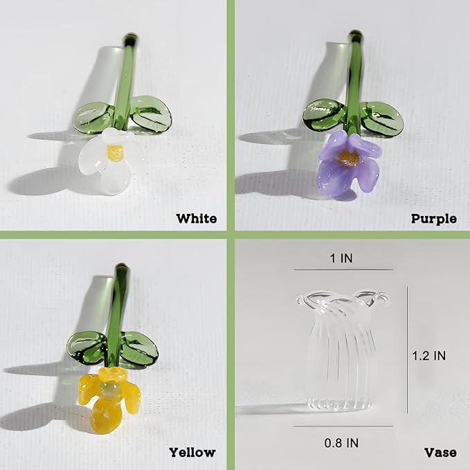 Mini Glass Flower Bouquet with Vase Colorful Artificial Wildflowers Sculpture Spring Floral Arrangement Figurine Artwork Table Centerpiece Home Decor Gift for Mom and Friends