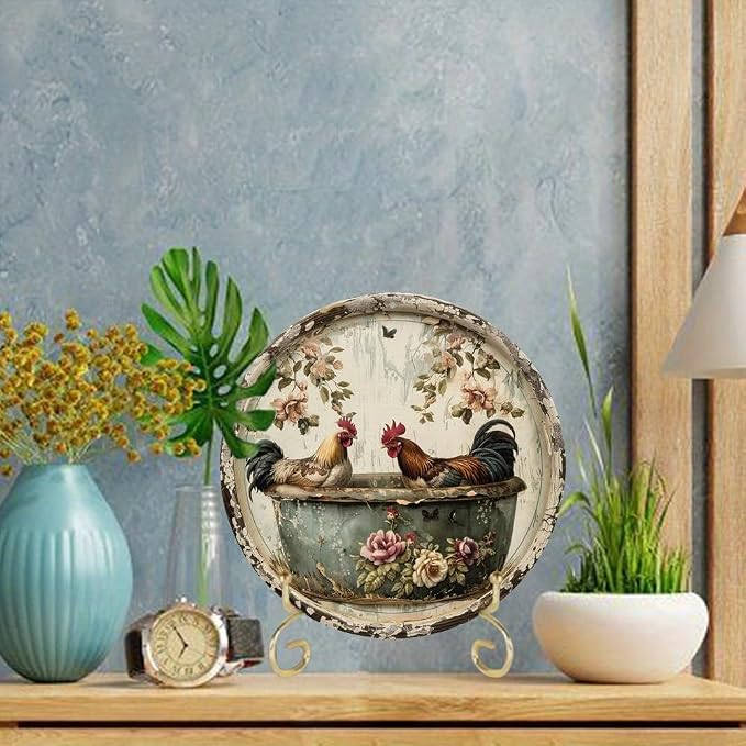 Vintage Round Bathroom Aluminum Metal Decor Sign, 7.98x7.98 Inch, Chicken Themed Wreath, Use Without Electricity, No Feathers, with for Home, Living Room Wall Decoration
