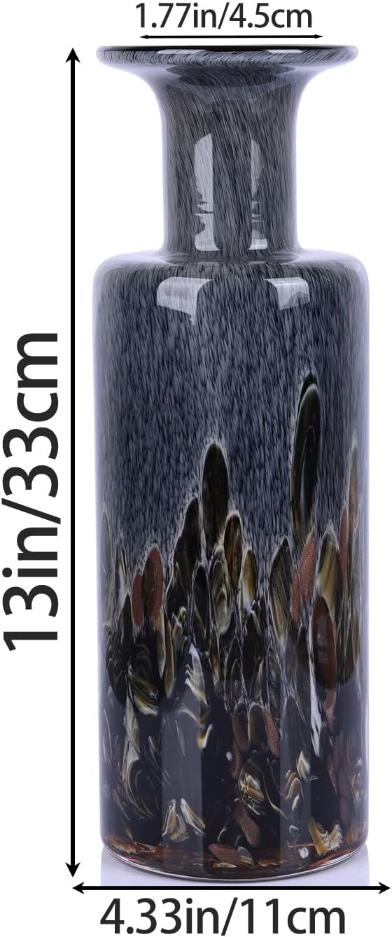 Hand-Blown Glass vase, Modern Art Glass Cylindrical vase, Gray Glass Decorative vase, Ideal for Living Room Dining Table centerpieces, TV Console, Office, or Console Table Accents.