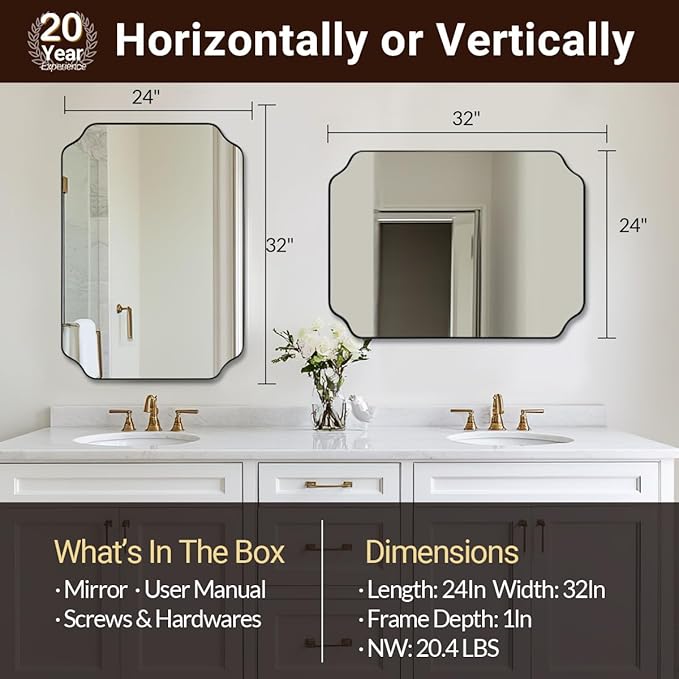 ANDY STAR Brushed Bronze Scalloped Mirror, 24"x32" Bathroom Vanity Mirror, Unique Rectangular Bathroom Mirror with Stainless Steel Metal Framed, Wall Mounted Decorative Mirror (Horizontal/Vertical)