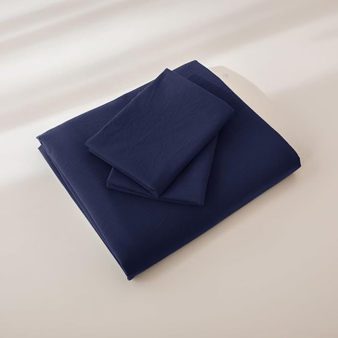 JIYUAN 100% Washed Cotton Duvet Cover Set 3 Pieces Queen, 1 Duvet Cover 90x90 Inches(Comforter Not Included) and 2 Pillowcases,Linen Feel Bedding Set Comfy and Breathable,Navy Blue