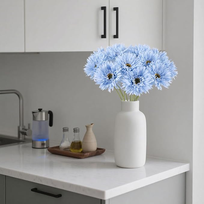 Gerbera Daisy Artificial Flowers 12pcs Faux Daisies Blue Silk Flowers with Stems for Vase Table Centerpiece Home Wedding Party Garden Decoration(Blue)