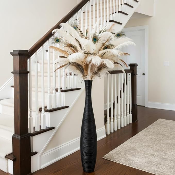 Tall Floor Vase, Large Vases for Rustic Home Decor Modern Farmhouse, Sturdy, Luxury, Textured, Vessel for Decorative Branches Dried Flowers, 27.5 inches Floor Vase for Decor, Black