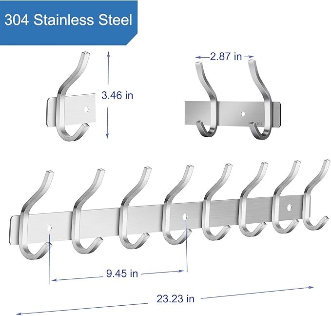 HAMUTH Wall Hooks Heavy Duty, 23 Inch Coat Rack Wall Mount with 8 Hooks, Silver Wall Hooks Hangers for Entryway, Bathroom - for Hanging Backpack, Bag, Coat, Purse, Hat, Towel, Clothes,2 Packs