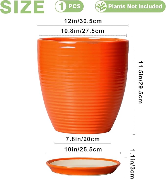 12 Inch Plant Pot, Ceramic Planters for Plants with Drainage and Saucer, Orange