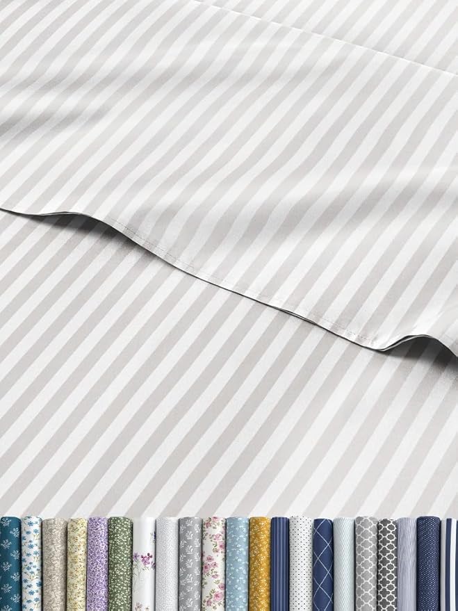 Light Grey and White Striped Sheets - 1 Flat & 1 Fitted Sheet & 2 Pillowcases w/ Deep Pockets - Wrinkle & Fade Resistant, Ultra-Soft, Breathable & Cooling - Luxury Pinstripe Bedding - Full Size
