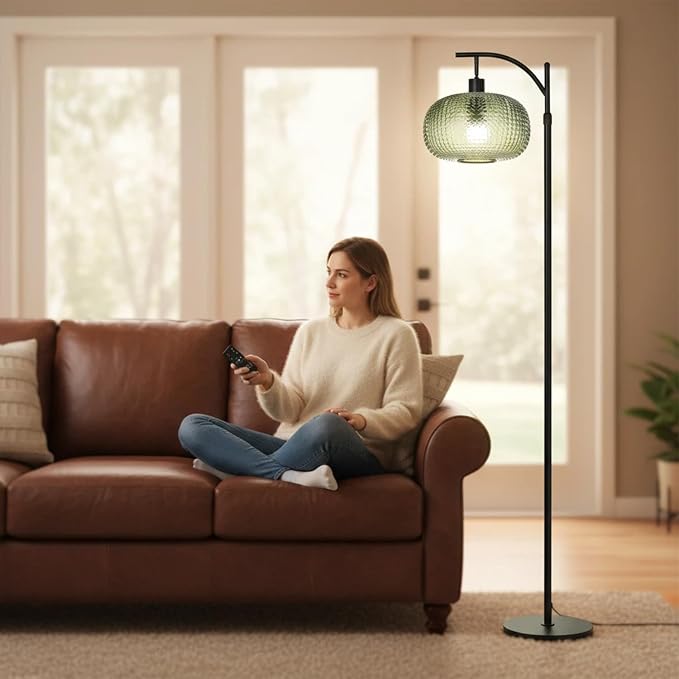Dark Green Floor Lamps for Living Room,Black Floor Lamp with Remote Control & Green Lampshade,Arc Flower Lamp Dimmable Mid Century Modern Standing Lamp Vintage Brass Tall Floor Lamp For Bedroom Corner