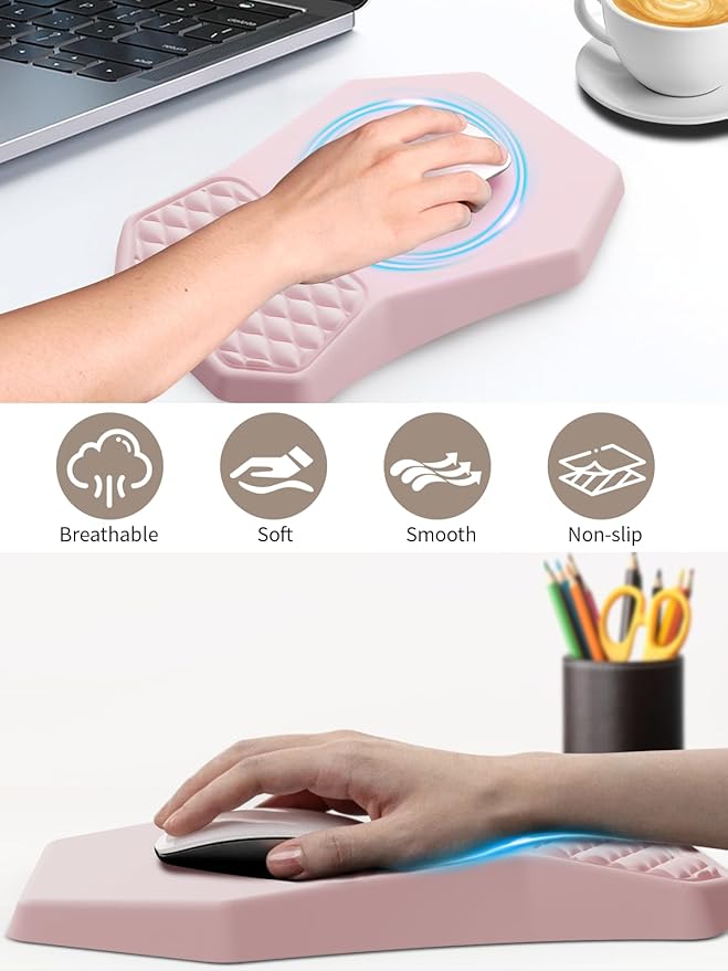 3-in-1 Ergonomic Keyboard Stand with Wrist Rest & Mouse Pad Set, Comfy Keyboard Riser Holder Soft Mousepad with Massage Design, Memory Foam and Non-Slip PU Base for Pain Relief, Pink