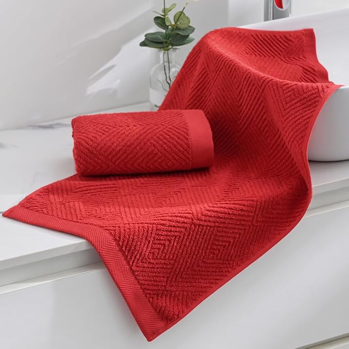 sense gnosis Red Hand Towel Set of 2 Striped Weave 13 X 29 Inch | Premium 100% Cotton Herringbone Pattern Ultra Soft Highly Absorbent Hand Towel for Bathroom