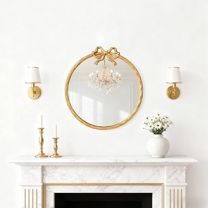 2026 Spring Women's Gifts 16 Inch Vintage Gold Round Wall Mirror, Antique Ornate Metal Circle Mirror with Baroque Bow Decor for Bathroom Vanity, Bedroom(Gold, 16" Lx16 W)