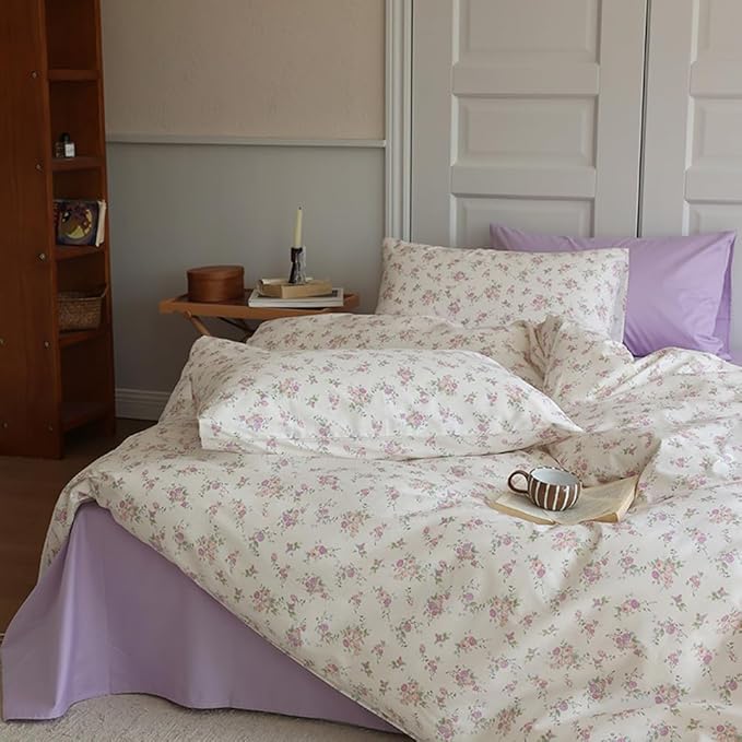 VM VOUGEMARKET Lavender Flower Comforter Set Queen Garden Floral Comforter with 2 Pillowcases Cottagecore Aesthetic Bedding Comforter Set for Girls Women 90"x90"