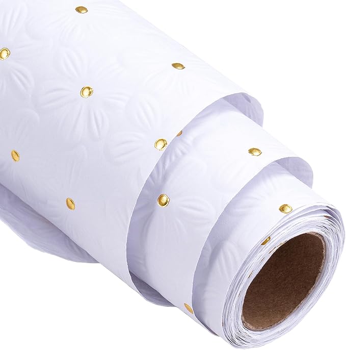 RUSPEPA White Wrapping Paper Roll, Mini Roll, Flower with Gold Dot Design Perfect for Wedding, Birthday, Anniversary, Bridal Shower, 17 Inches x 16.4 Feet