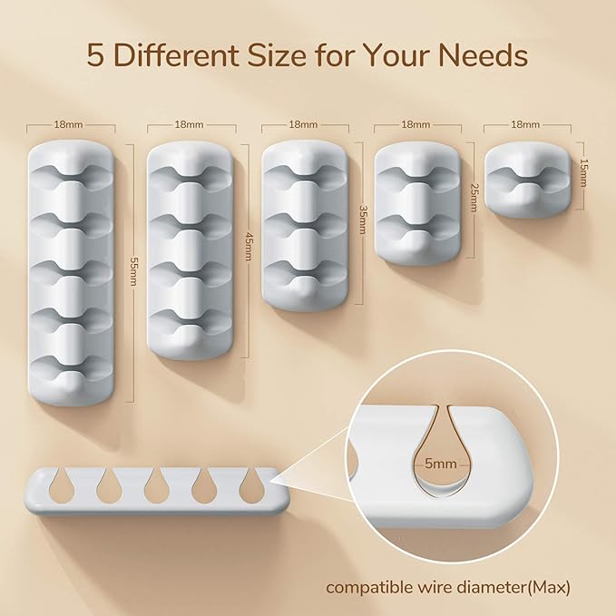 Syncwire Cable Clips, 5 Pack Gray Cord Organizer Cable Management Self Adhesive Cable Holder for Organizing Cable Cords, Ideal for Home, Office, Cubicle, Car, Nightstand, Desk Accessories