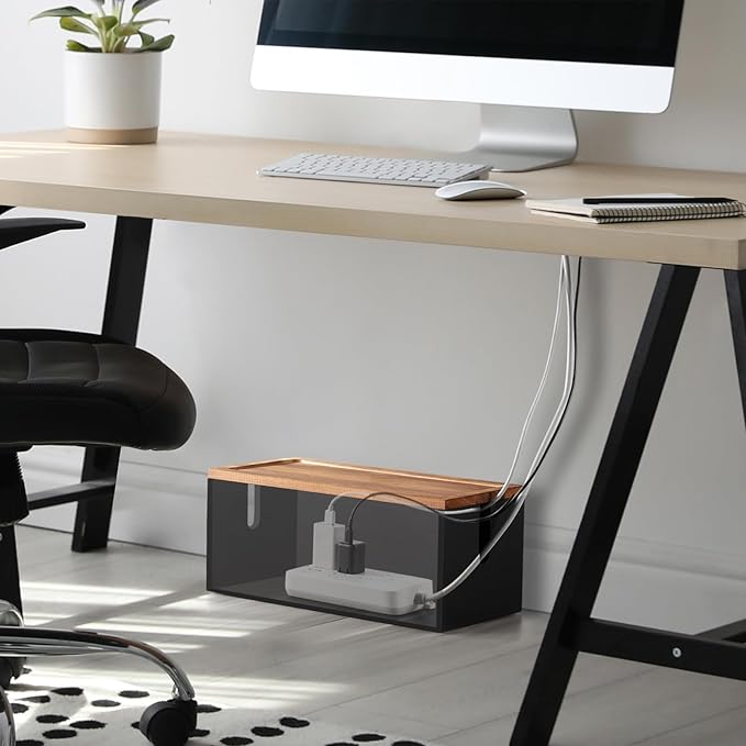 Large Wood Cable Management Box - Cable Organizer Box - 2 Open Slots Cords Hider Box - Under Desk Cord Organizer for Power Strip Extension Cord Surge Protector Charger Wire, Black