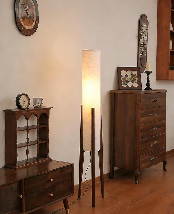 Walnut Wood Tripod Floor Lamp, 48.8 in High Vintage Column Floor Lamps with White Fabric Lampshade, Mid Century Modern Floor Lamp for Bedroom Living Room Home Office (Walnut)