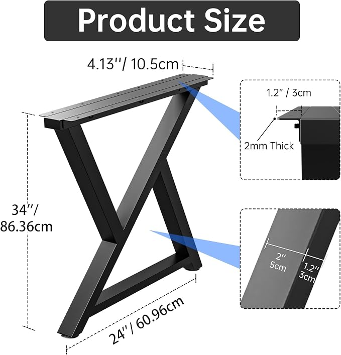 TOCRETOARE Metal Table Legs Heavy Duty, 34”H x 24”W, Metal Furniture Legs for Dining Desk Bench and Coffee Table, Industrial Black DIY Iron Bench Legs, Set of 2