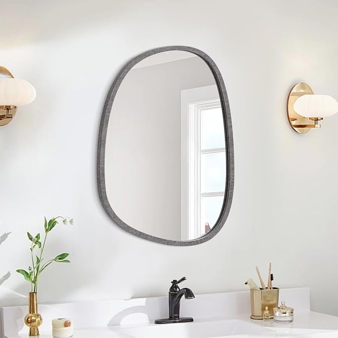 Asymmetrical Mirror for Wall Decor Small Modern Wooden Framed Wall Mirror Unique Shape Wall Mounted Vanity Artistic Oval Mirror Decorative for Bedroom Bathroom Living Room Entryway