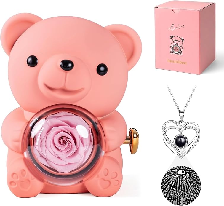 HITOP Rose Gifts for Women - Cute Teddy Bear with Preserved Real Roses Forever Flowers and I Love You in 100 Languages Necklace for Girlfriend Her Wife Mom Grandma on Birthdays, Anniversaries