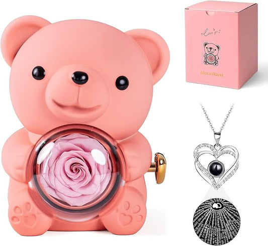 HITOP Rose Gifts for Women - Cute Teddy Bear with Preserved Real Roses Forever Flowers and I Love You in 100 Languages Necklace for Girlfriend Her Wife Mom Grandma on Birthdays, Anniversaries