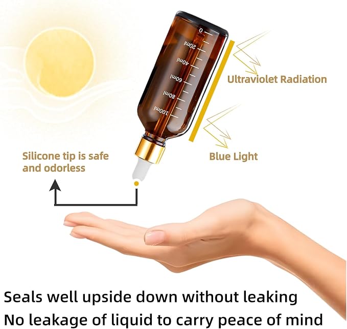 Amber Glass Dropper Bottle 3.4 oz, 2x100ml Amber Brown Glass Eye Dropper Bottles for Essential Oils with Dropper Pipettes, Funnel, and A Plastic Measured Dropper for Diffuser, Beauty Oil Mix