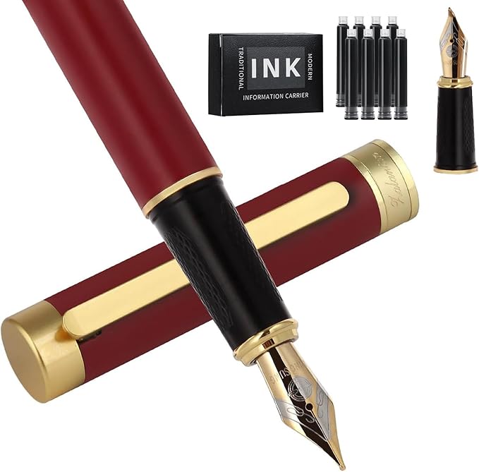 Zalantan Fountain pen, Stunning luxury pen, Nice pen gift, pure copper heavy feel Office Executive Pen Smooth Writing Pens for Men Funcy Pens with Gift Case 10 black cartridges (Red)