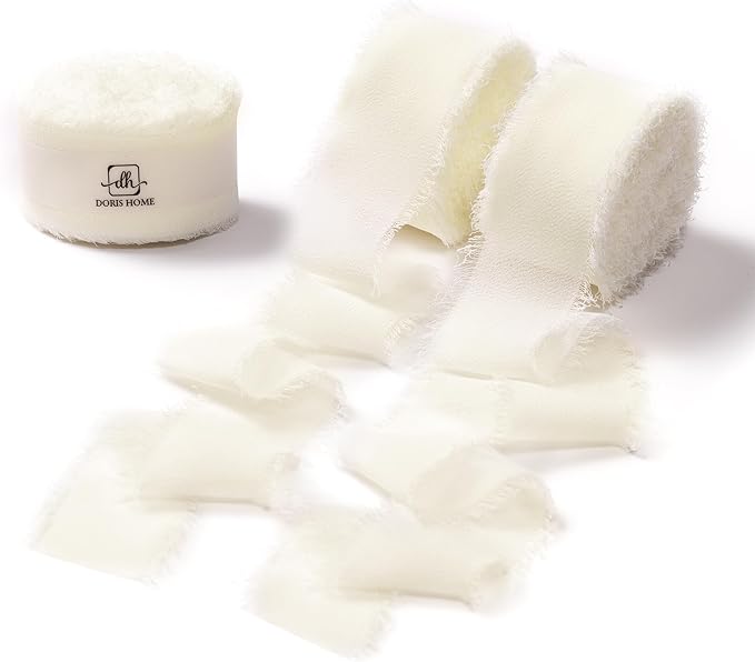 DORIS HOME Cream White Chiffon Ribbon for Flower Bouquet, 1" x21Yd Fabric Ribbon for Gift Wrapping, Handmade Frayed Ribbon for Wedding Invitations/Christmas Decorations