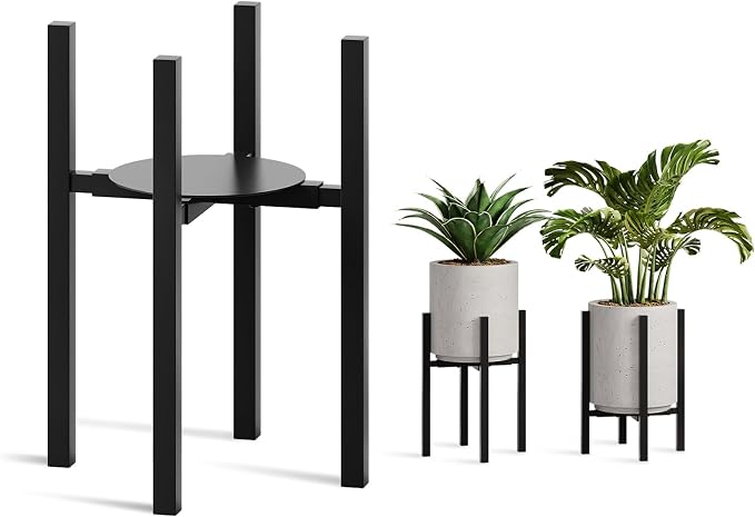 Adjustable Metal Plant Stand Indoor, Fits 9-15 Inch Pots, Mid Century Modern Planter Holder,2 Heights, Heavy Duty 160 lb, Indoor Outdoor Corner Floor Pot Stand, Black with Round Plate