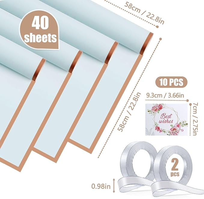 40 Sheets Sky Blue Flower Wrapping Paper, Gold Edge Waterproof Floral Wrapping Paper, 22.8x22.8 inch Bouquet Paper Wrap with 2 Rolls Ribbon for Wedding Birthday Gift DIY Crafts Florist Supplies