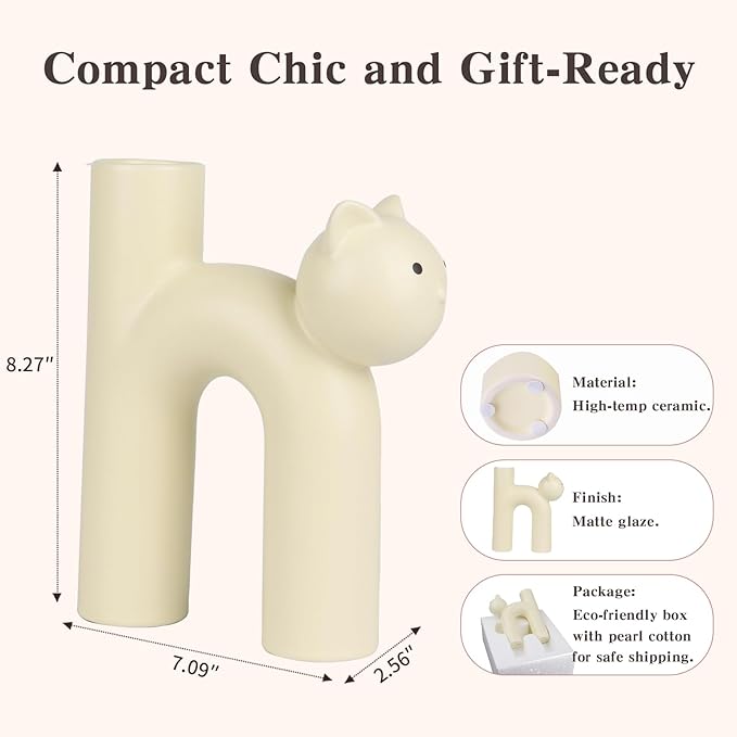 Cat Lover Gift – Minimalist Animal Vase for Dried Flowers, Pampas Grass – Calm Shelf Decor for Women, Cat Moms, Girlfriend, or Neutral Rooms