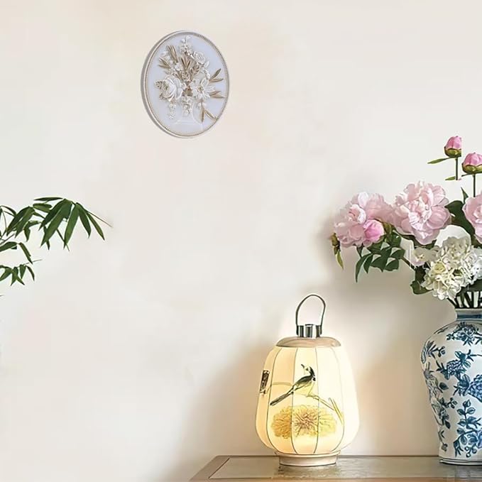 SIKOO Vintage Wall Sculptures White Flower Wall Art Hand Painted Ornate Wall Hanging Decoration Antique Pediment Wall Statue Ornament Decor Gallery for Kitchen Bedroom Living Room