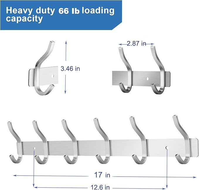HAMUTH Wall Hooks Heavy Duty, 17 Inch Coat Rack Wall Mount with 6 Hooks,Silver Wall Hooks Hangers for Entryway, Bathroom - for Hanging Backpack, Bag, Coat, Purse, Hat, Towel, Clothes,2 Packs