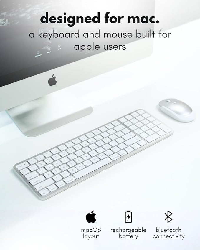Macally Bluetooth Mac Keyboard and Mouse - Compact (2 Zone) Wireless Apple Keyboard and Mouse Combo with Number Pad - Multi Device, Rechargeable - for Mac, MacBook Pro/Air, iPad, iPhone - Silver