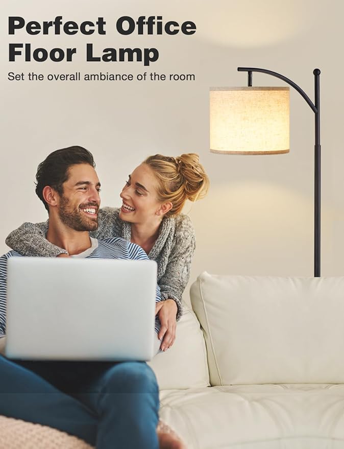Ambimall Tall Floor Lamps with 3 Color Temperatures Bulb & Adjustable Linen Shade, for Living Room, Bedroom, Office, Classroom, Dorm Room (9W Bulb Included), Beige & Black, 60"